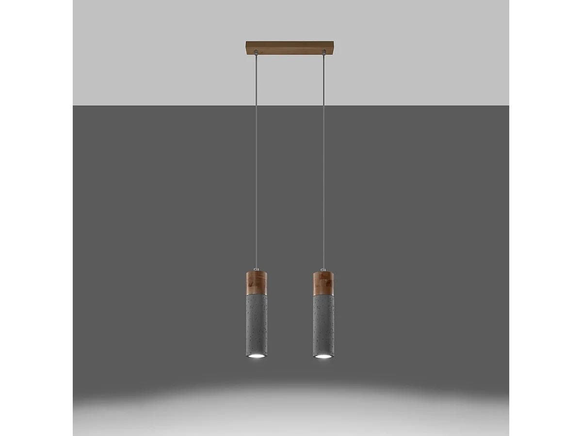 Hanglampen Avier industrieel van  - 2 lichtbronnen 3000K - L.30 x H.120 cm - grijs/natuurlijk hout