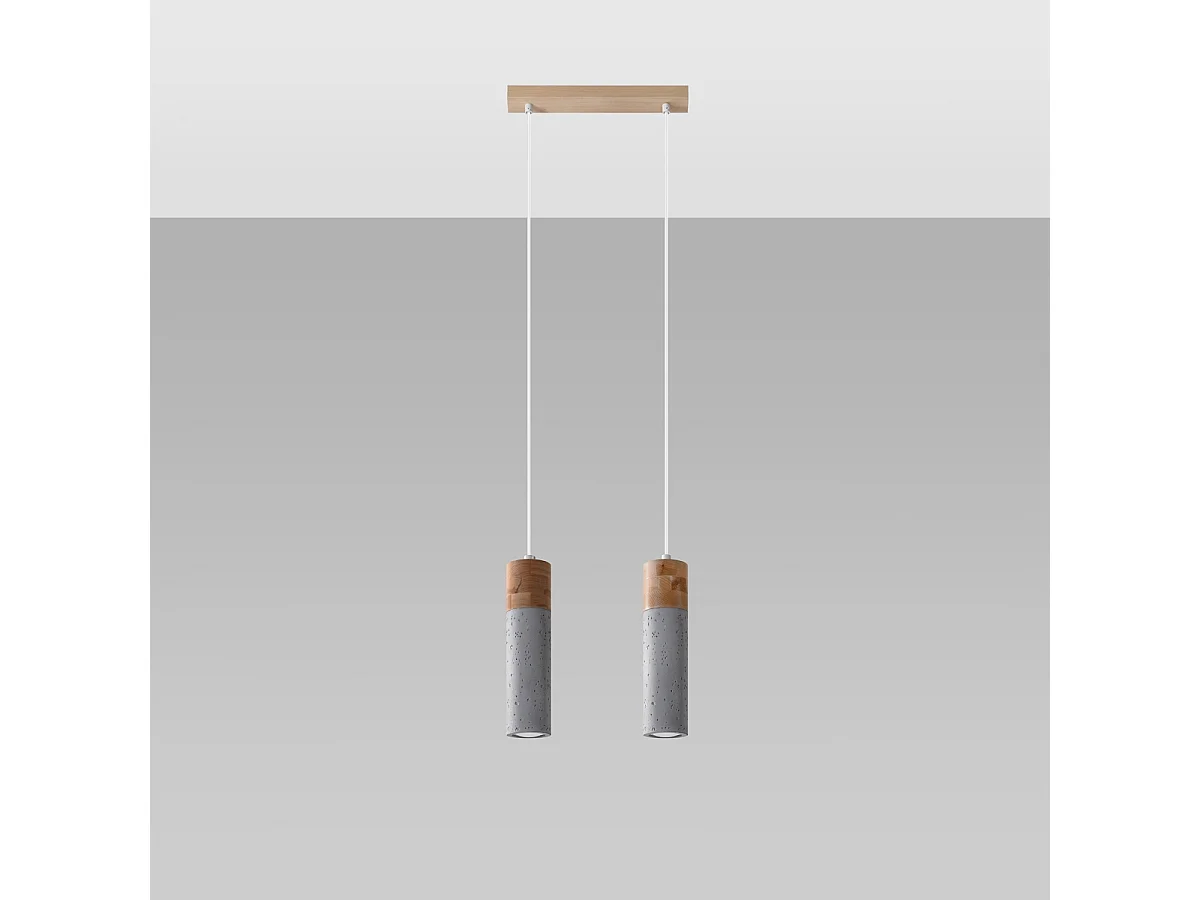 Hanglampen Avier industrieel van  - 2 lichtbronnen 3000K - L.30 x H.120 cm - grijs/natuurlijk hout