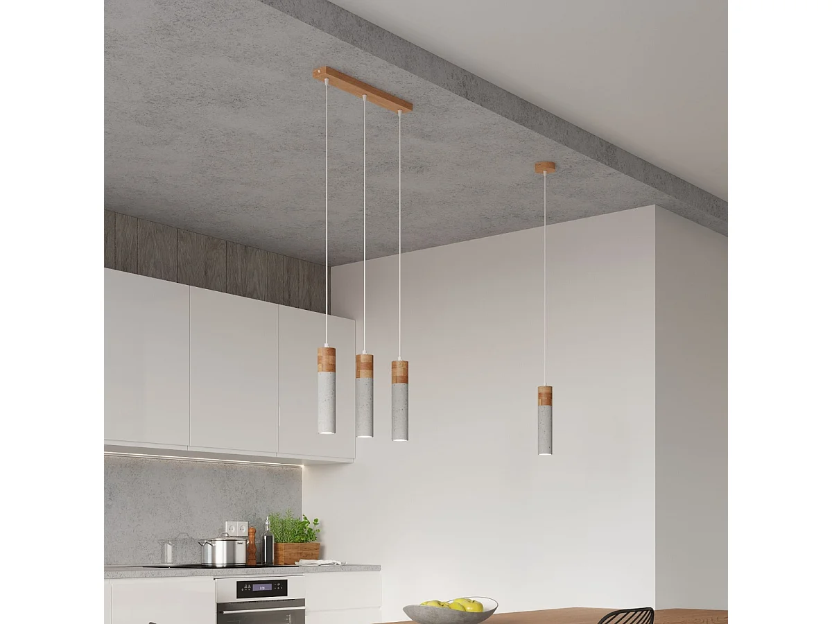 Hanglampen Avier industrieel van  - 2 lichtbronnen 3000K - L.30 x H.120 cm - grijs/natuurlijk hout