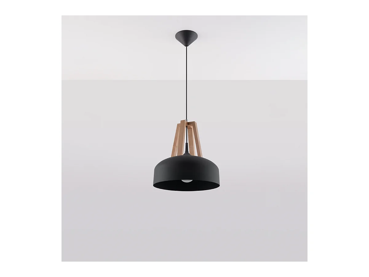 Lampes suspendues Solivo moderne en acier/bois - 1 sources lumineuses 3000K - L.30 x H.85 cm - noir/bois naturel