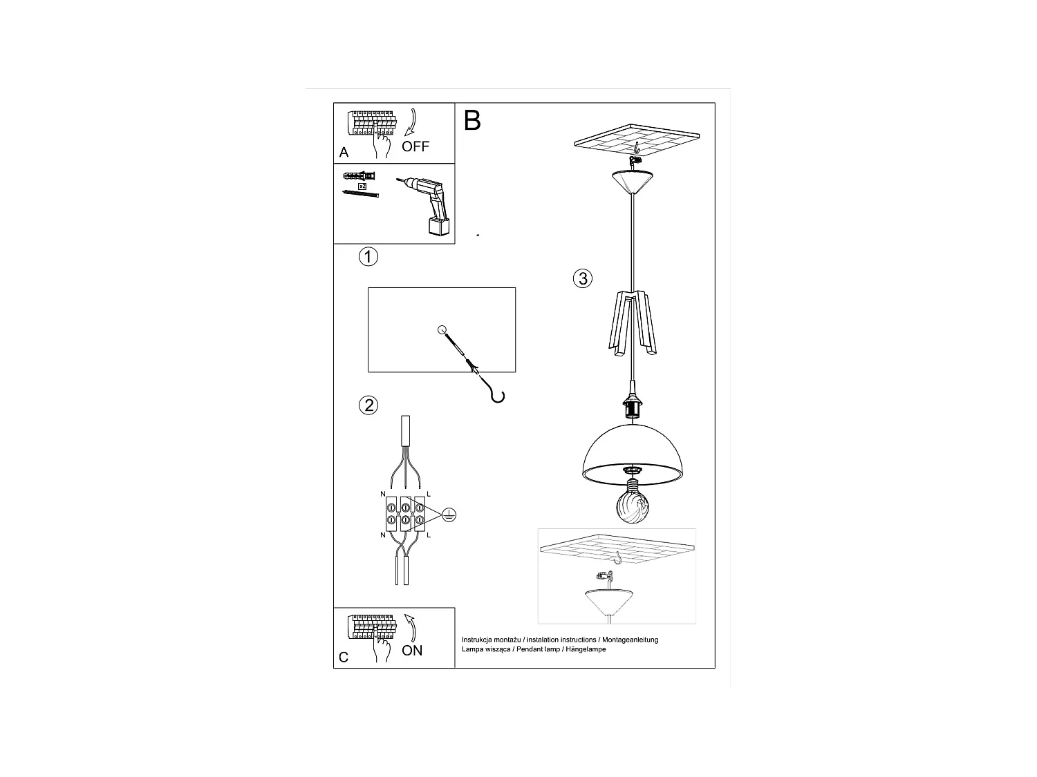 Lampes suspendues Solivo moderne en acier/bois - 1 sources lumineuses 3000K - L.30 x H.85 cm - noir/bois naturel