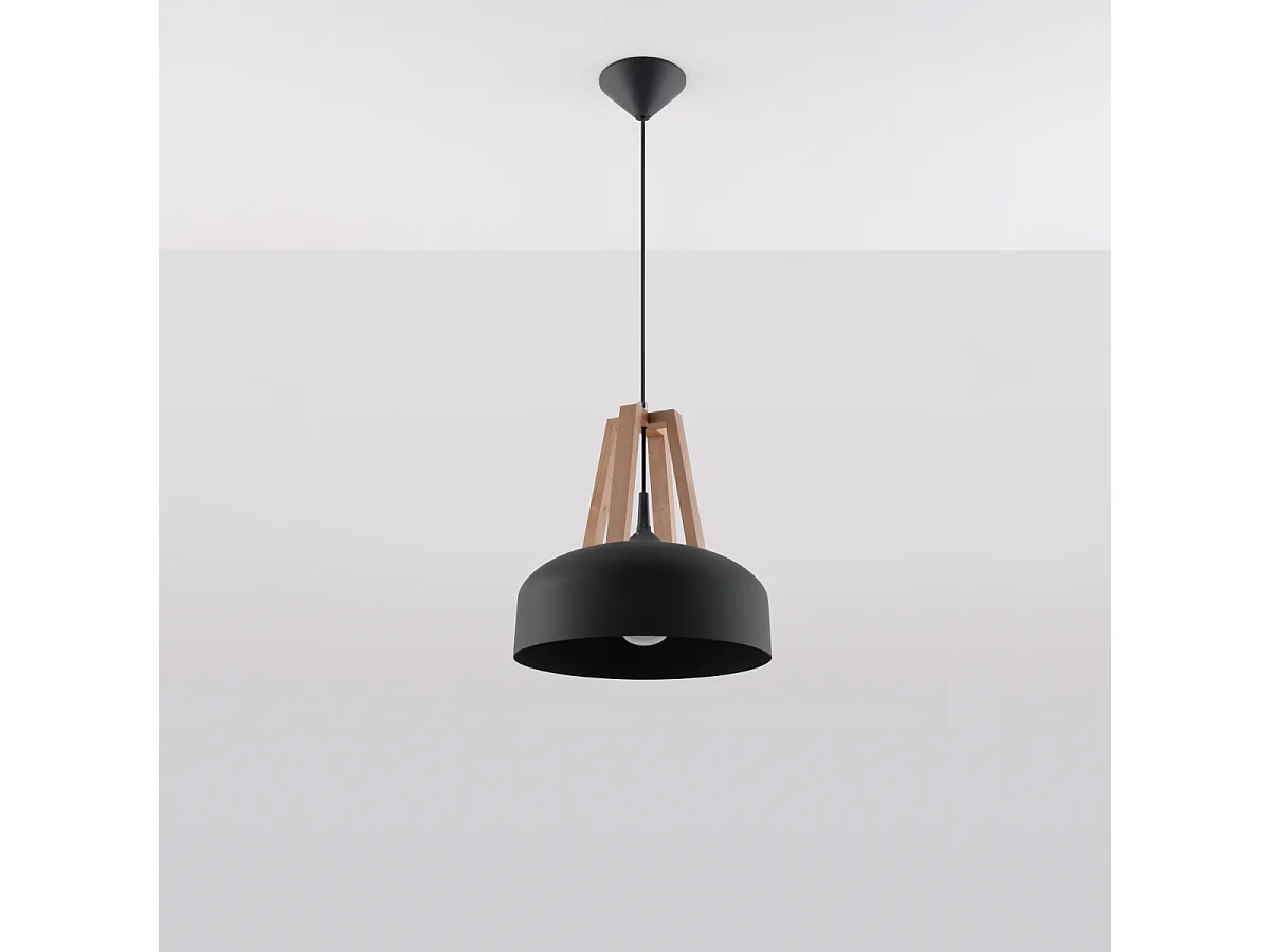 Lampes suspendues Solivo moderne en acier/bois - 1 sources lumineuses 3000K - L.30 x H.85 cm - noir/bois naturel