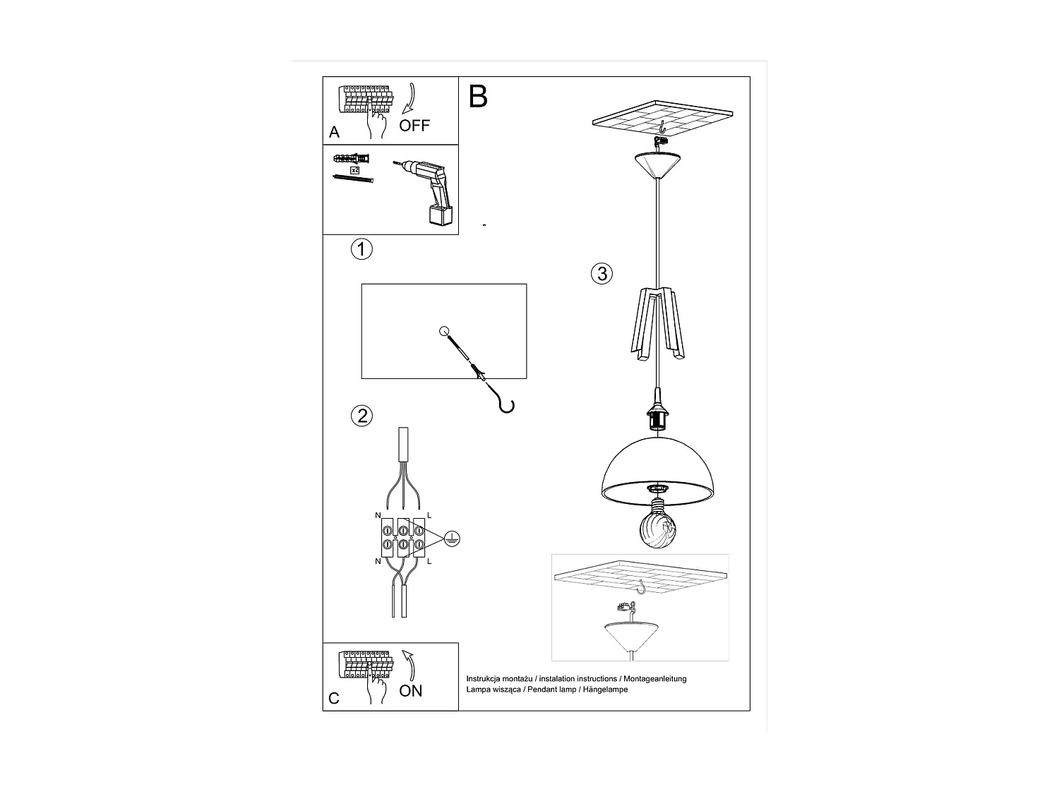 Lampes suspendues Solivo moderne en acier/bois - 1 sources lumineuses 3000K - L.30 x H.85 cm - noir/bois naturel