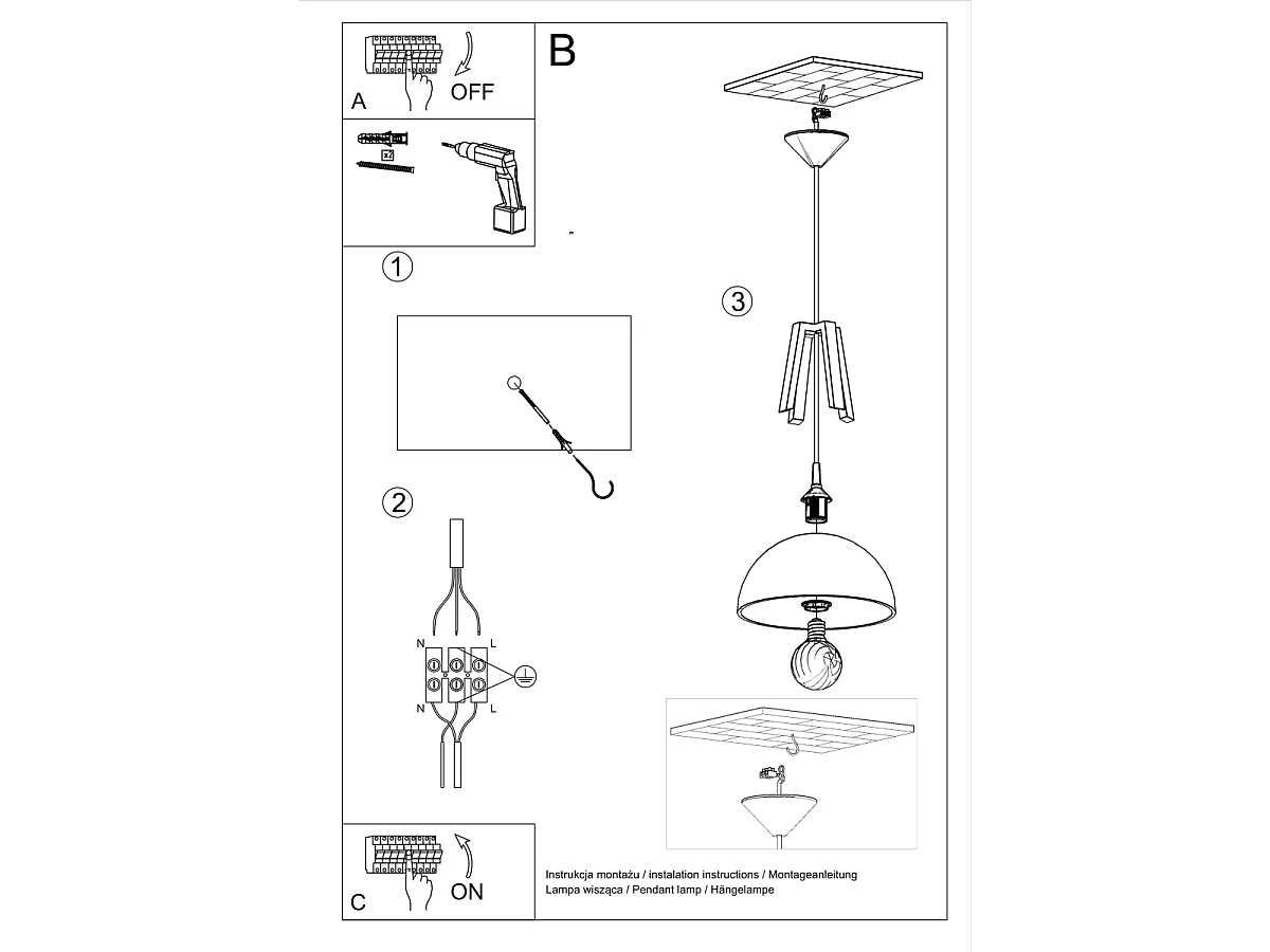 Hanglampen Solivo modern van  - 1 lichtbronnen 3000K - L.30 x H.85 cm - zwart/natuurlijk hout