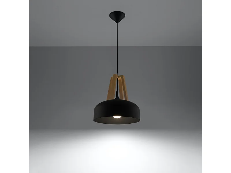 Lampes suspendues Solivo moderne en acier/bois - 1 sources lumineuses 3000K - L.30 x H.85 cm - noir/bois naturel