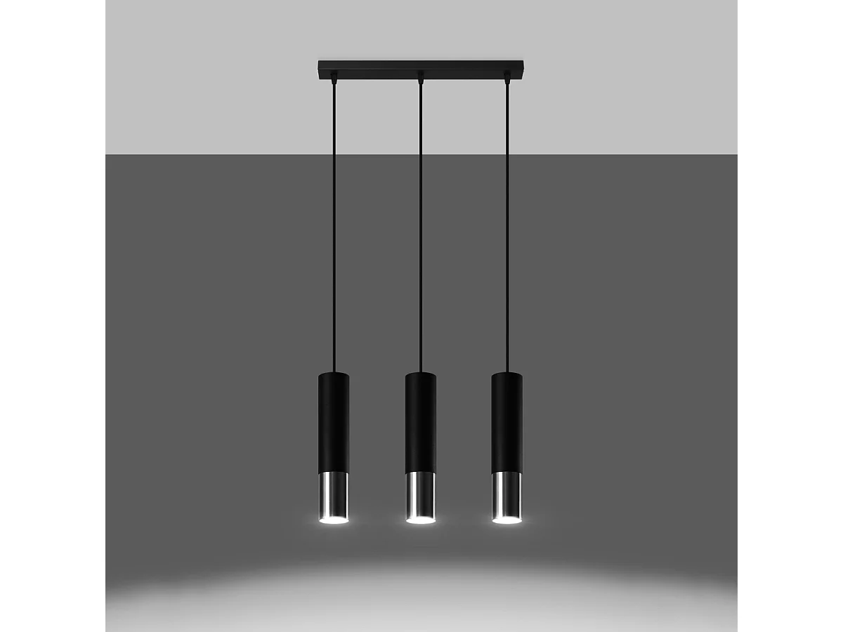 Lampes suspendues Zarpex moderne en acier - 3 sources lumineuses 4000K - L.45 x H.90 cm - noir/chromé