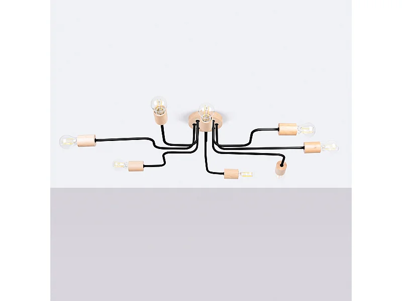 Lustre Zimbo grenier en acier/bois - 8 sources lumineuses 4000K - L.100 x H.16,5 cm - noir/bois naturel