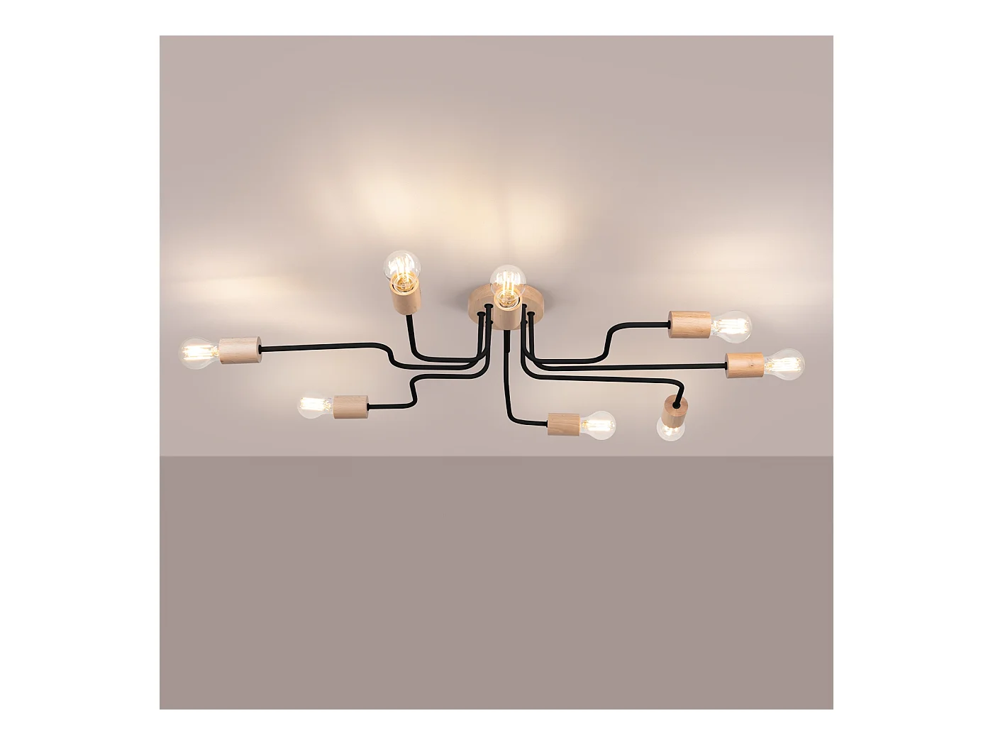Lustre Zimbo sótão, aço/madeira - 8 fontes de luz 4000K - L.100 x H.16.5 cm - madeira preta/natural