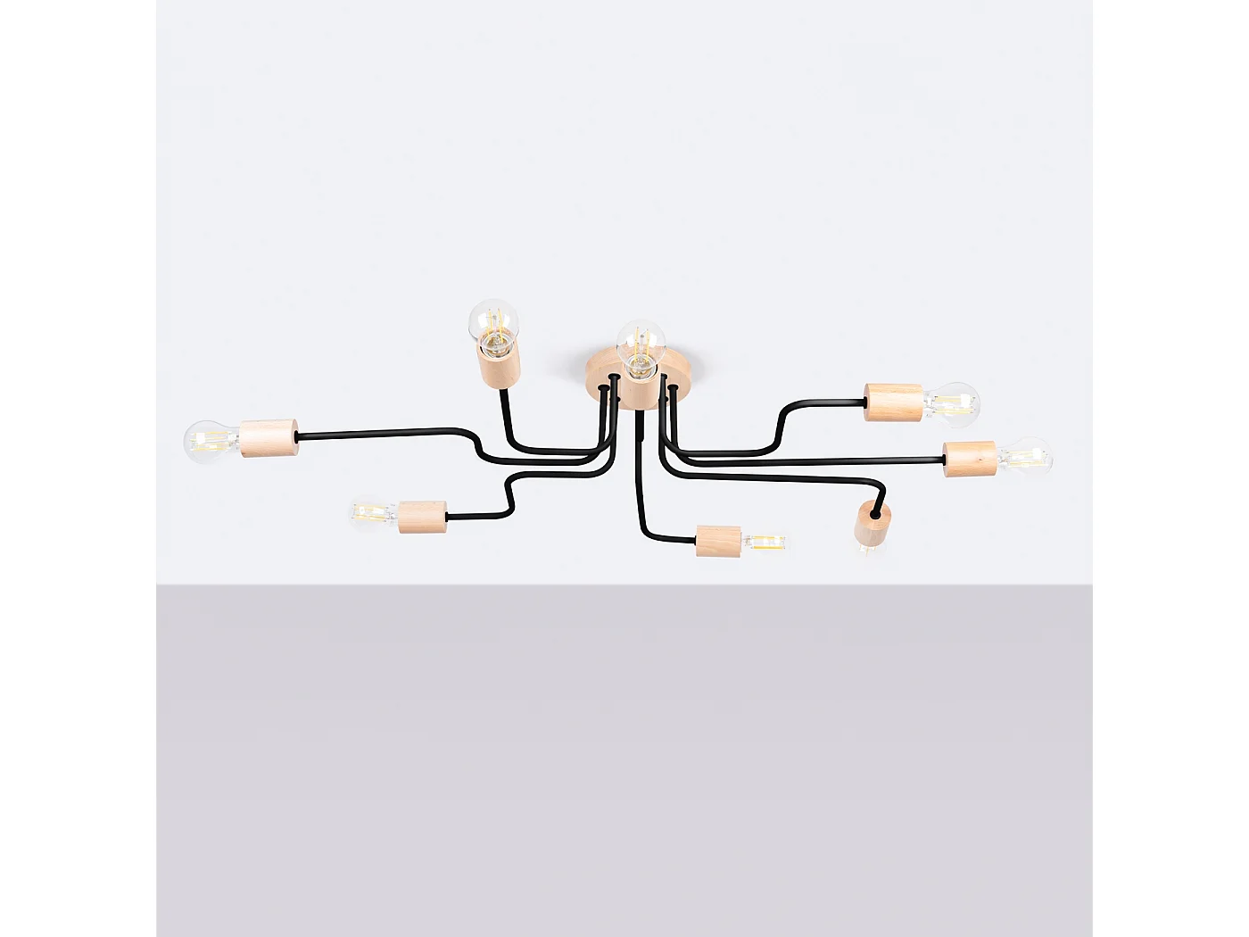 Lustre Zimbo grenier en acier/bois - 8 sources lumineuses 4000K - L.100 x H.16,5 cm - noir/bois naturel