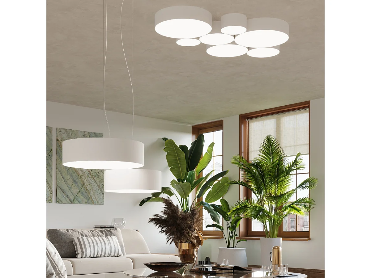 Lampes suspendues Cercle minimaliste en PVC - 2 sources lumineuses 3000K - L.35 x H.111 cm - blanc