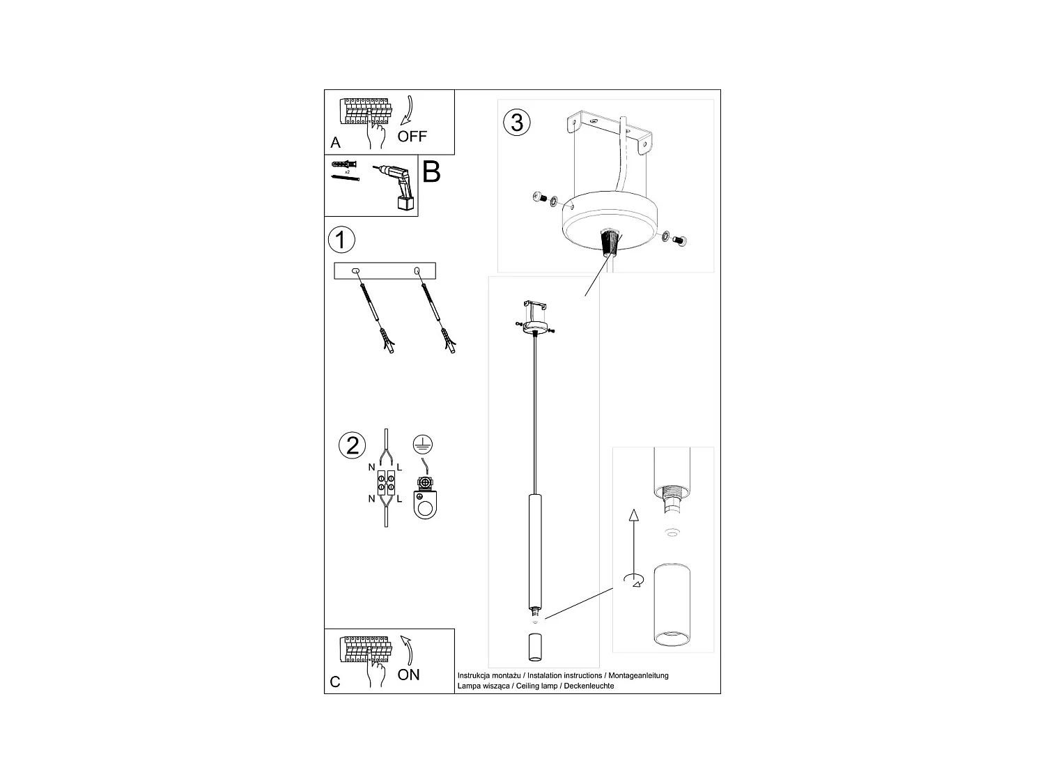 Lampy wiszące nowoczesny Eclim, stal/szkło - 1 źródło światła 3000K - L.8 x H.120 cm - czarny