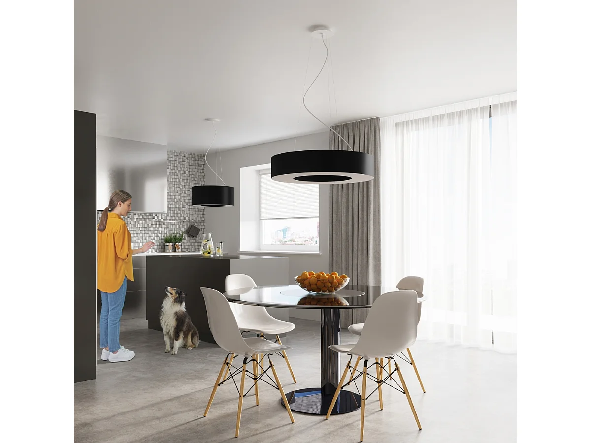Lustres Astrona slim minimalista, tecido/PVC/aço - 6 fontes de luz 3000K - L.70 x H.102 cm - preto
