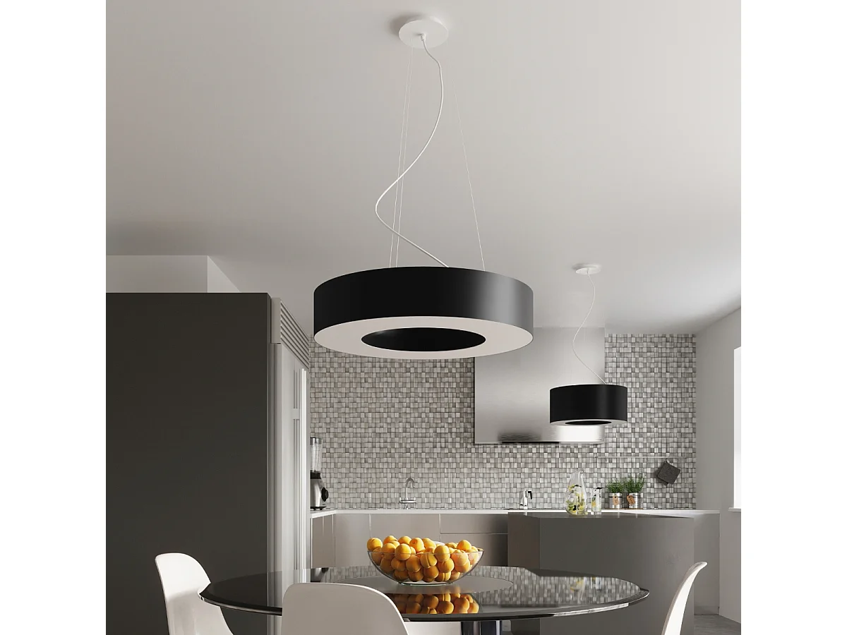 Lustres Astrona slim minimalista, tecido/PVC/aço - 6 fontes de luz 3000K - L.70 x H.102 cm - preto