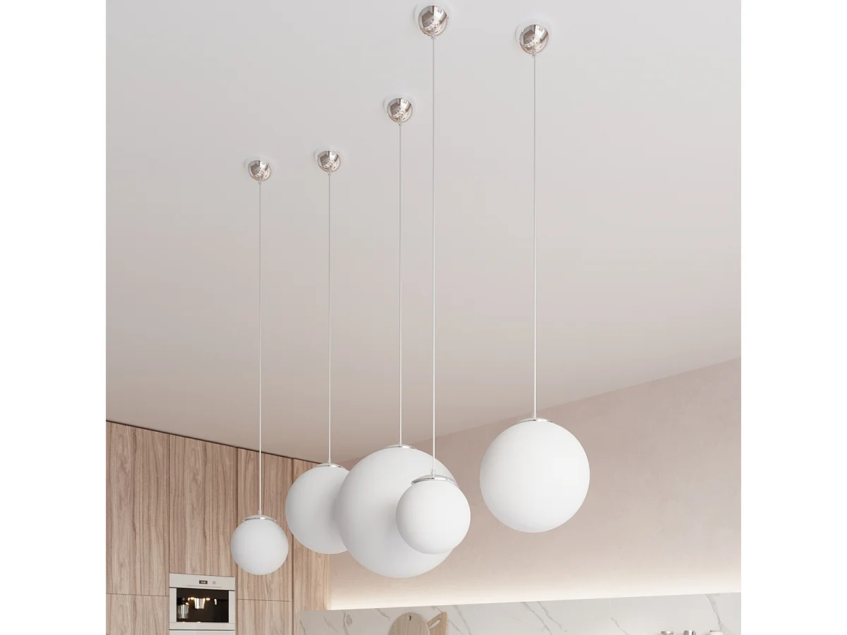 Lampes suspendues Stera minimaliste en acier/verre - 1 sources lumineuses 3000K - L.40 x H.130 cm - blanc/chromé