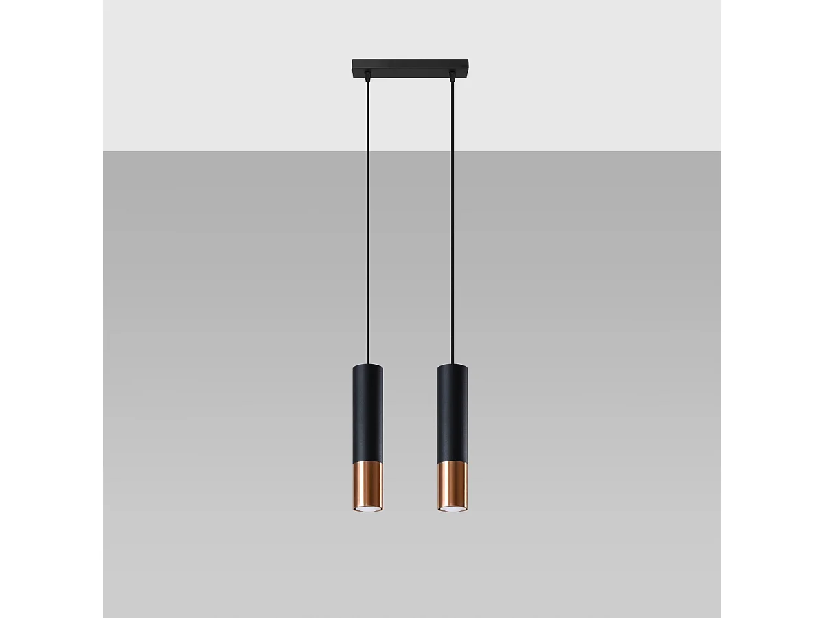 Lampes suspendues Zarpex moderne en acier - 2 sources lumineuses 3000K - L.30 x H.90 cm - noir/cuivre