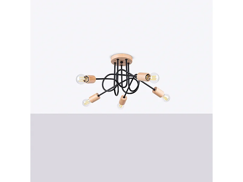 Lustre Sparkon minimaliste en acier/bois - 5 sources lumineuses 4000K - L.15 x H.26 cm - noir/bois naturel