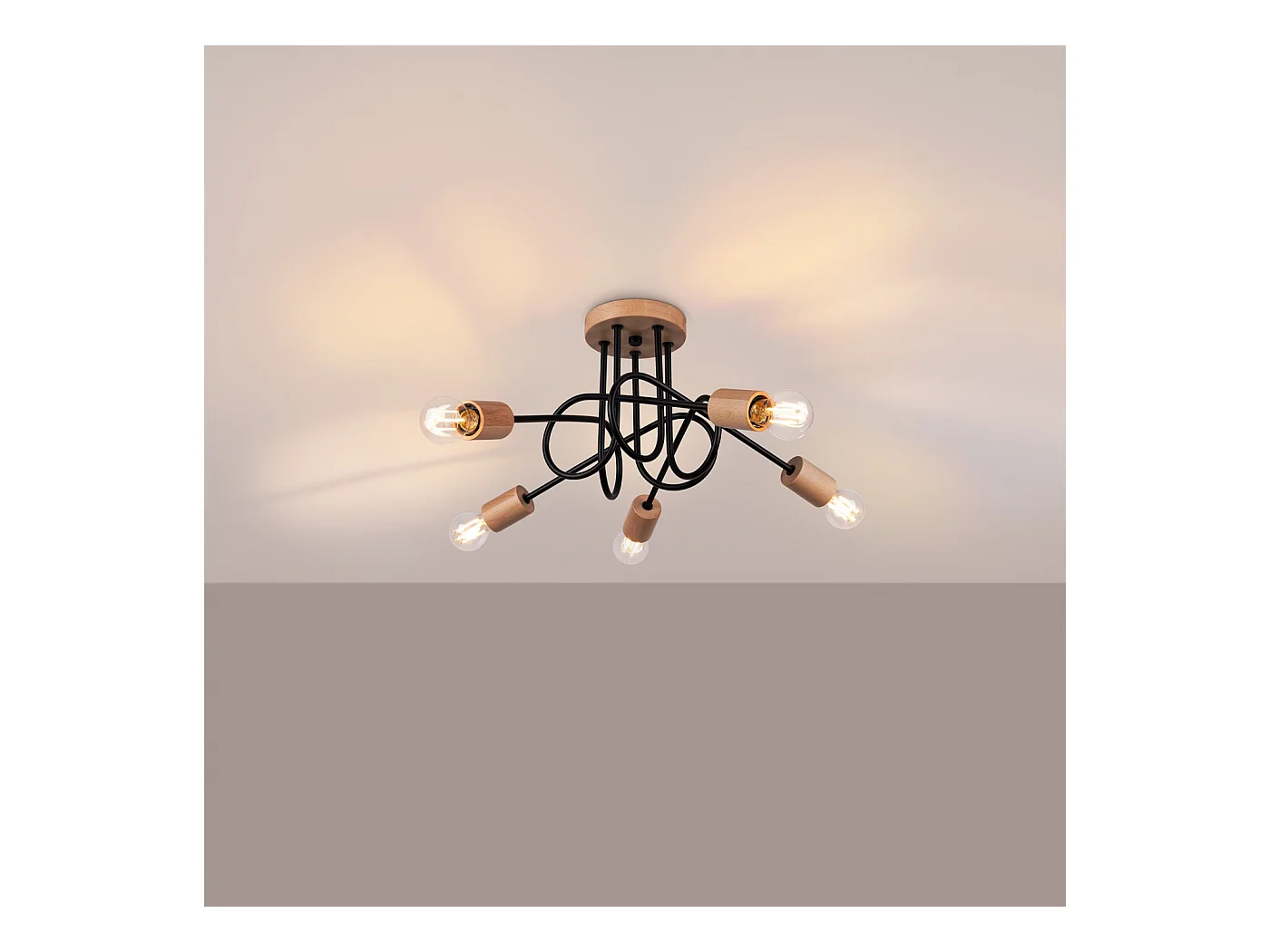 Lustre Sparkon minimalista, aço/madeira - 5 fontes de luz 4000K - L.15 x H.26 cm - madeira preta/natural