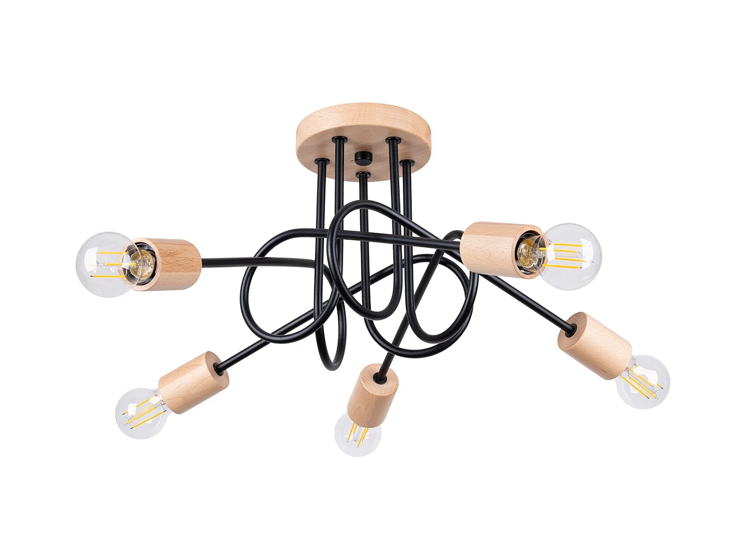 Lustre Sparkon minimalista, aço/madeira - 5 fontes de luz 4000K - L.15 x H.26 cm - madeira preta/natural