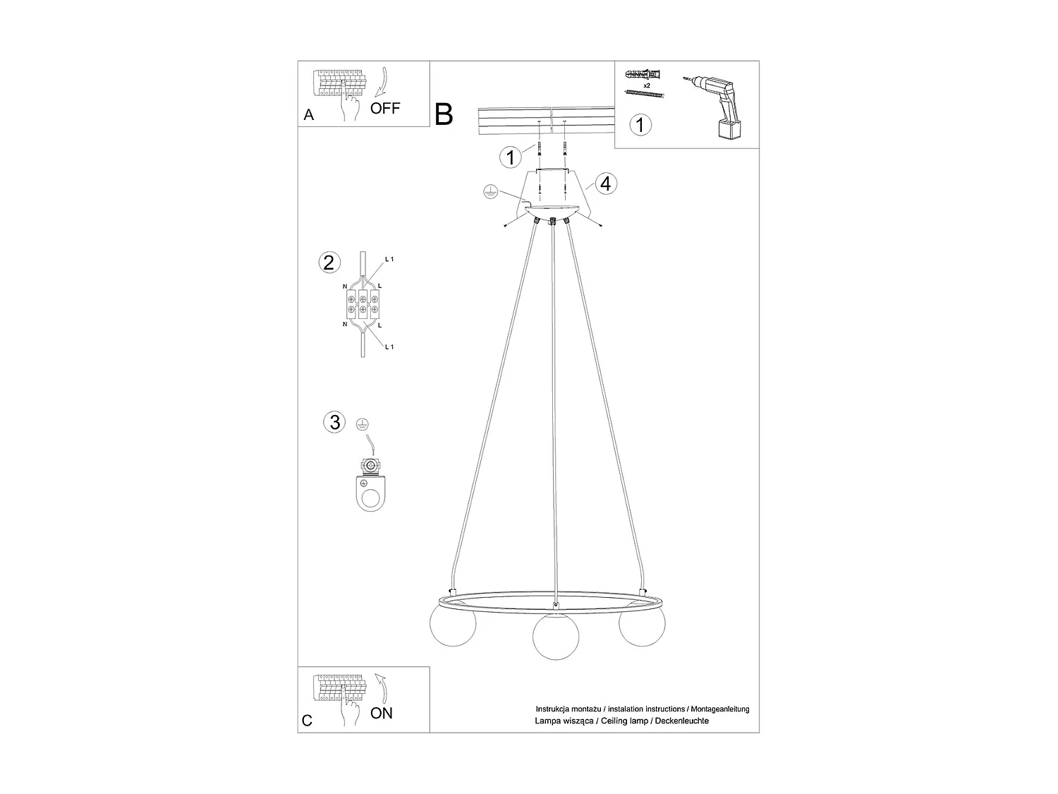 Lustres Zynfi moderne en acier/verre - 3 sources lumineuses 3000K - L.65 x H.98 cm - noir