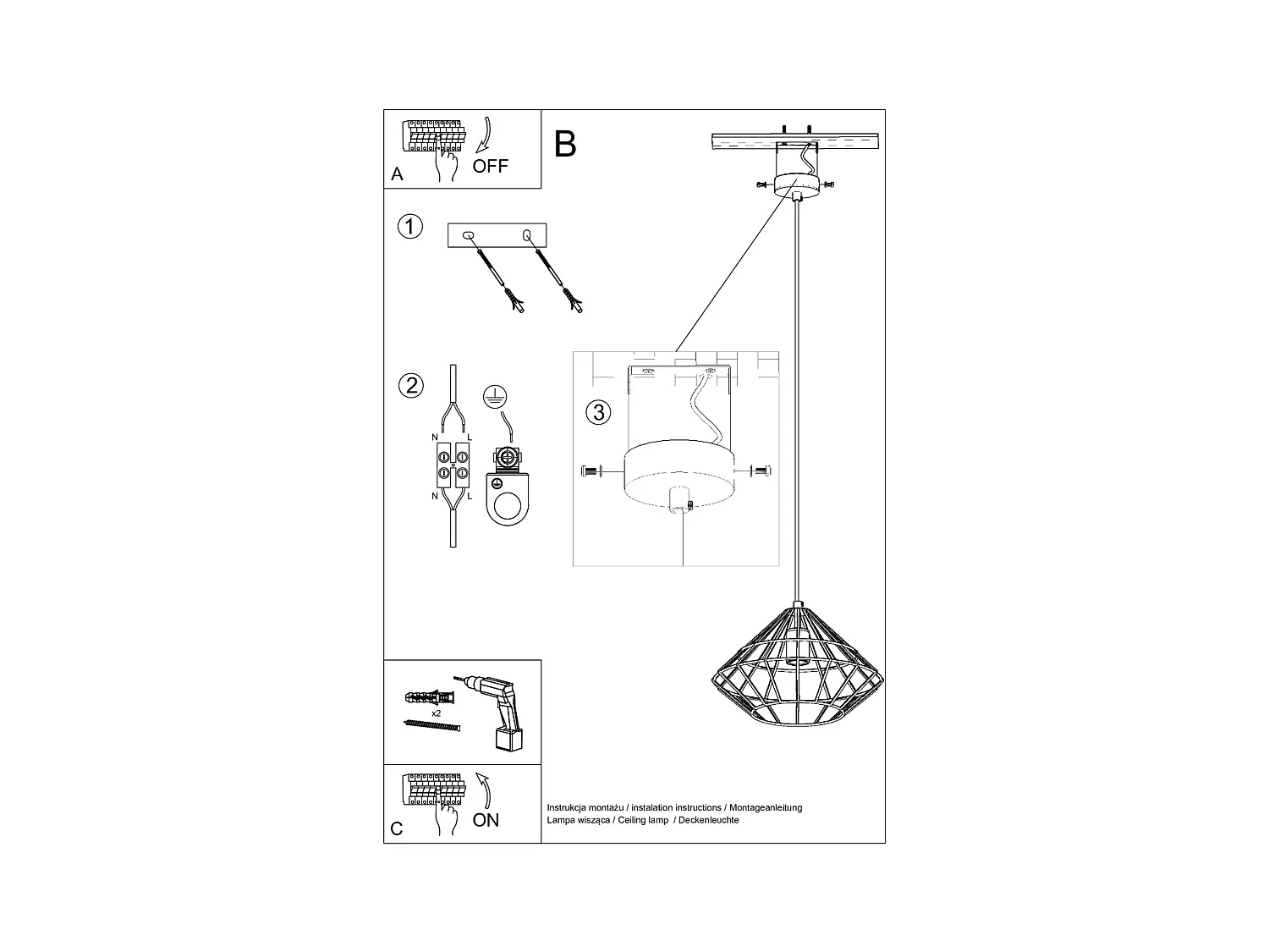 Lampes suspendues Neoteru industriel en acier - 1 sources lumineuses 3000K - L.32 x H.120 cm - noir