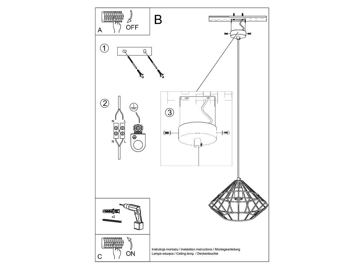 Lampes suspendues Neoteru industriel en acier - 1 sources lumineuses 3000K - L.32 x H.120 cm - noir