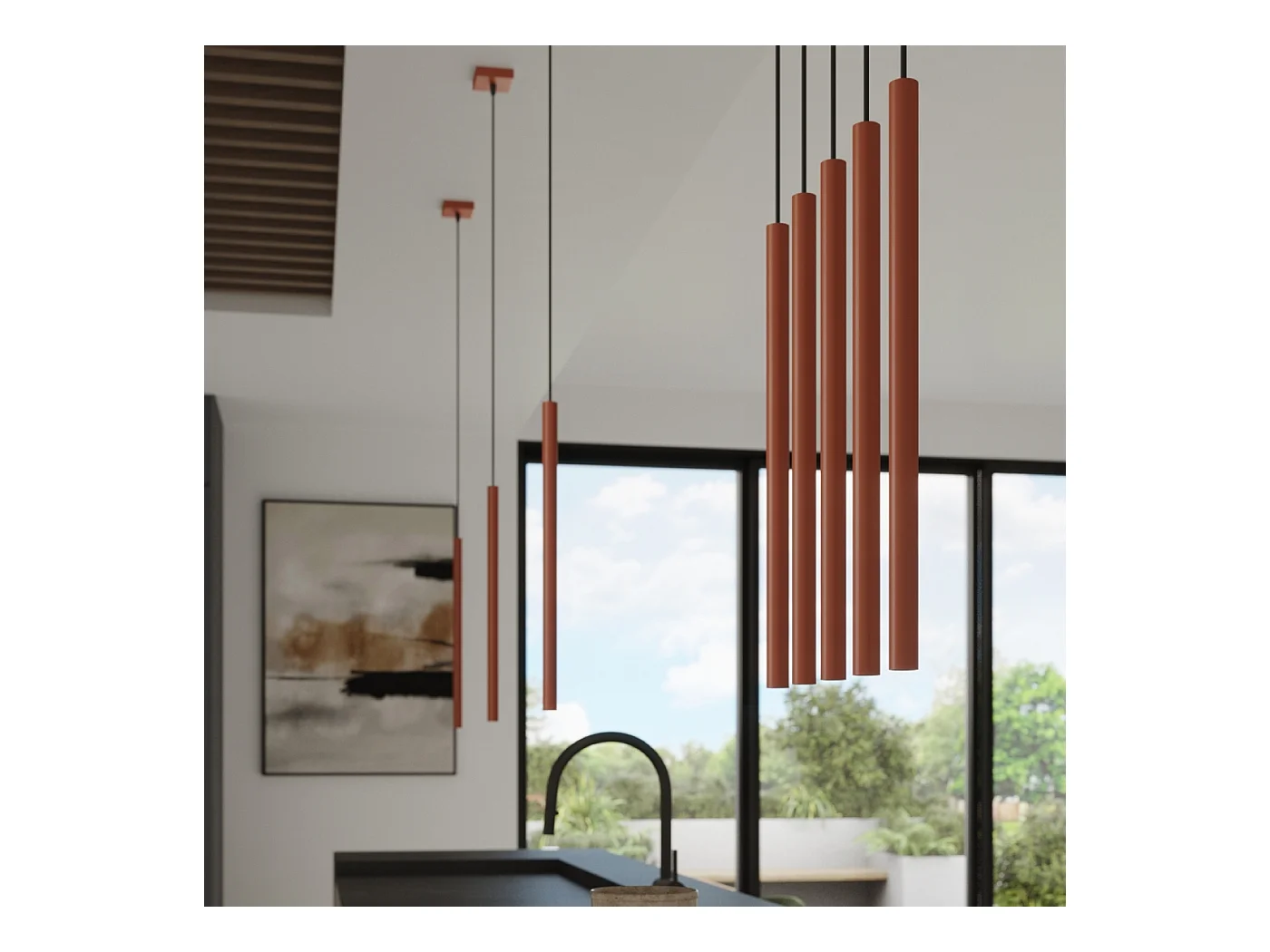Lampada a sospensione Brill moderno di acciaio - 1 sorgenti luminose 3000K - L.8 x A.114 cm - ocra rossa