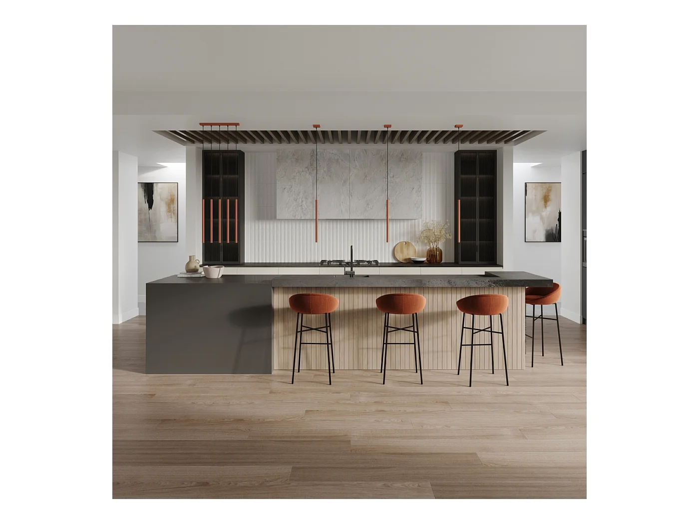 Lampada a sospensione Brill moderno di acciaio - 3 sorgenti luminose 3000K - L.19,5 x A.104 cm - ocra rossa