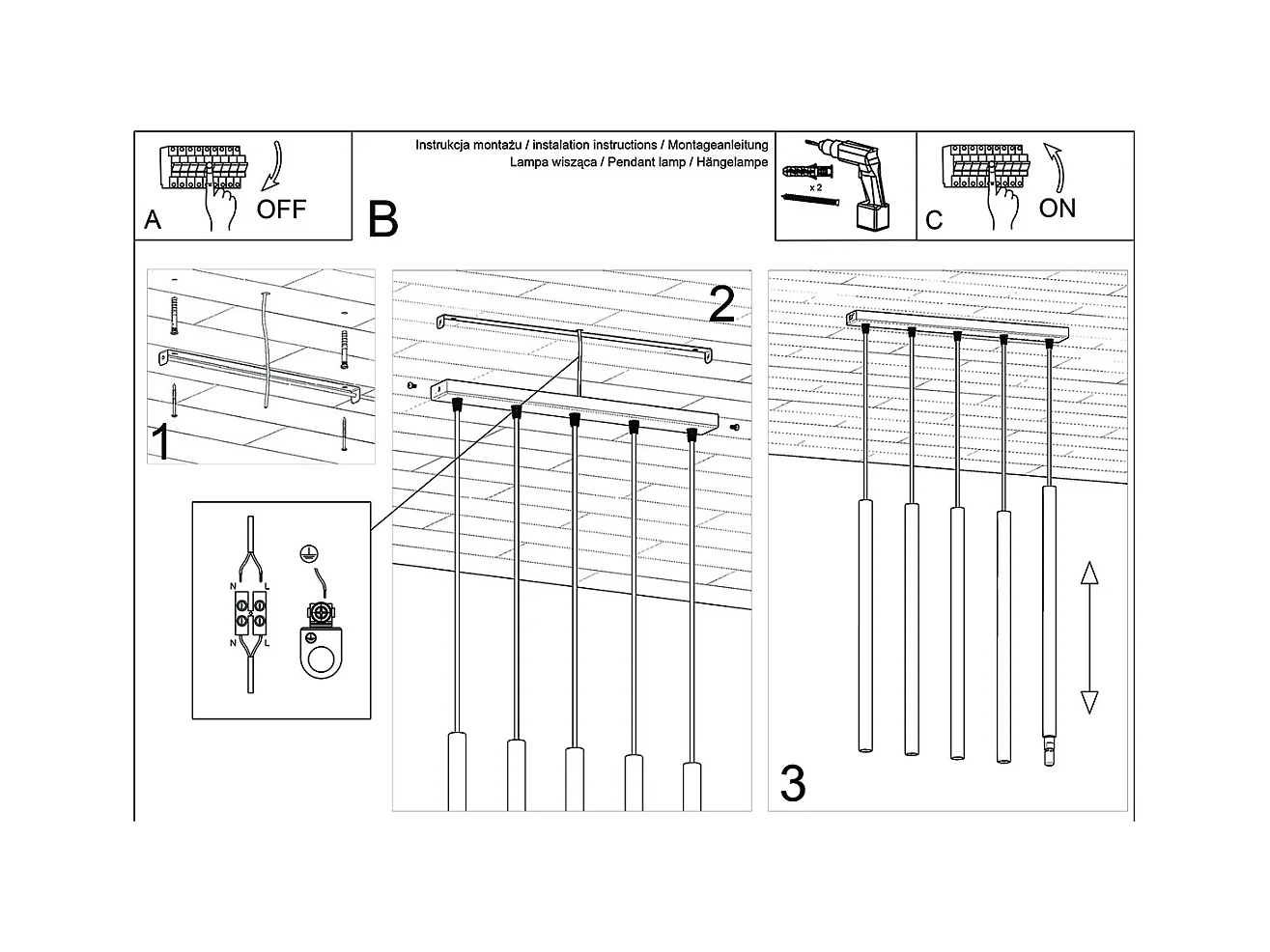 Lampy wiszące nowoczesny Brill, stal/drewno - 5 źródło światła 3000K - L.45 x H.100 cm - drewno