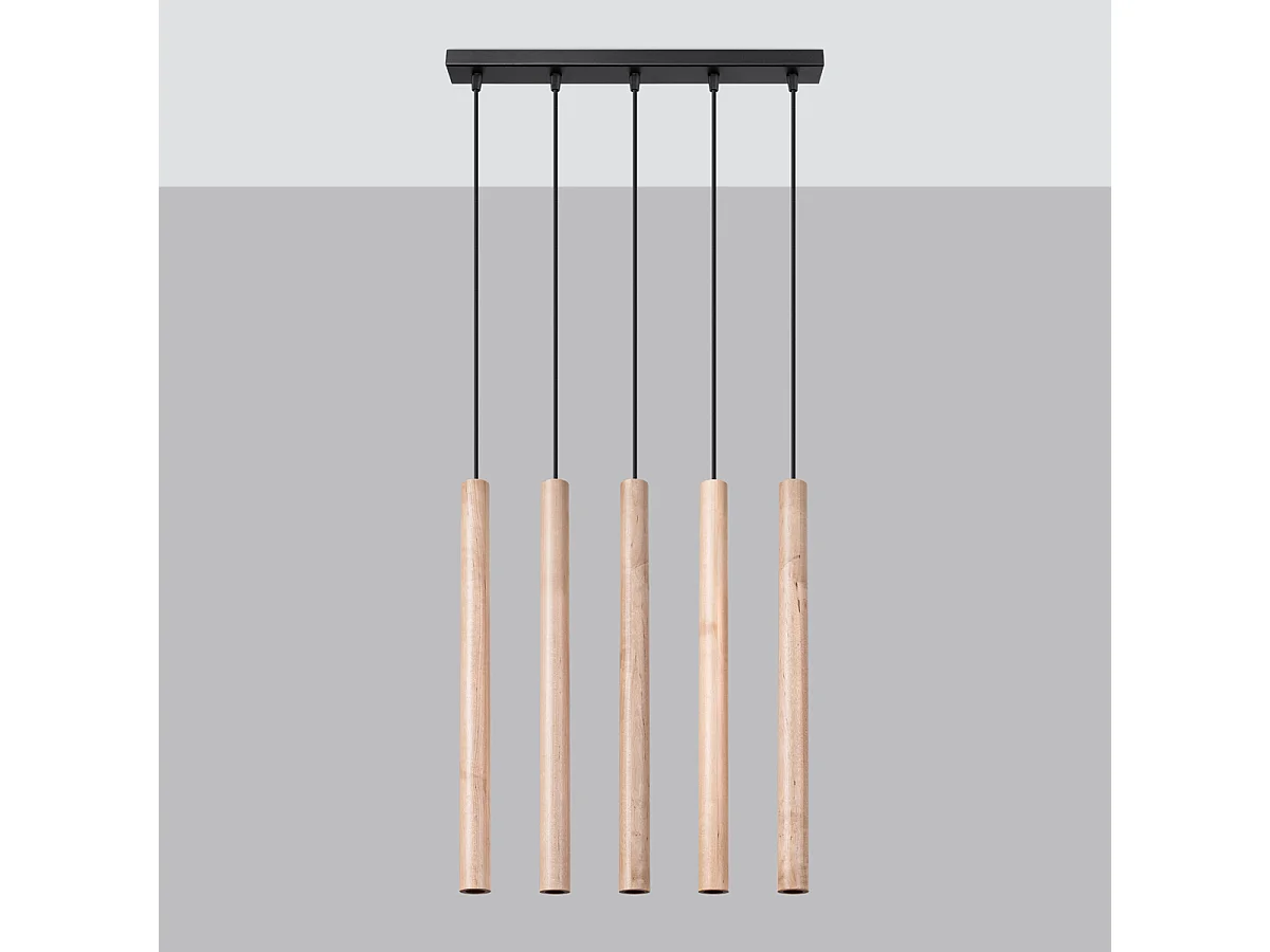 Luminárias pendentes Brill moderno, aço/madeira - 5 fontes de luz 3000K - L.45 x H.100 cm - madeira