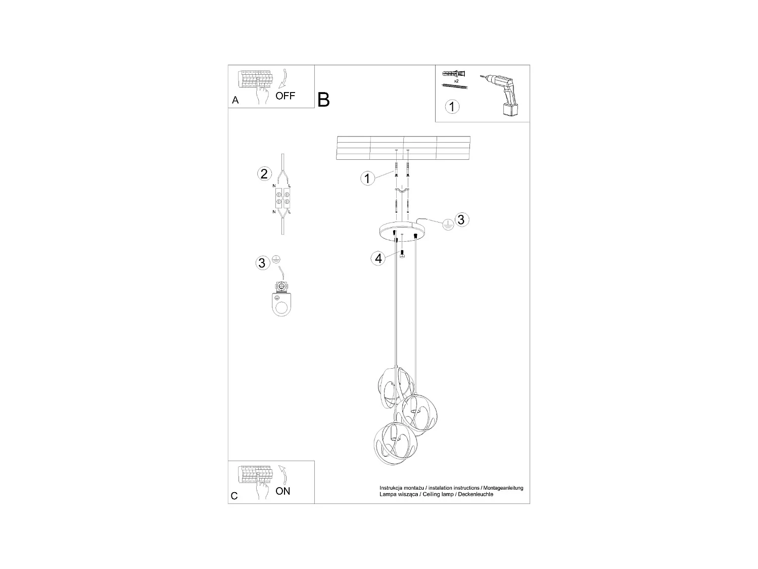 Lampy wiszące nowoczesny Brive, stal - 3 źródło światła 3000K - L.30 x H.117 cm - czarny
