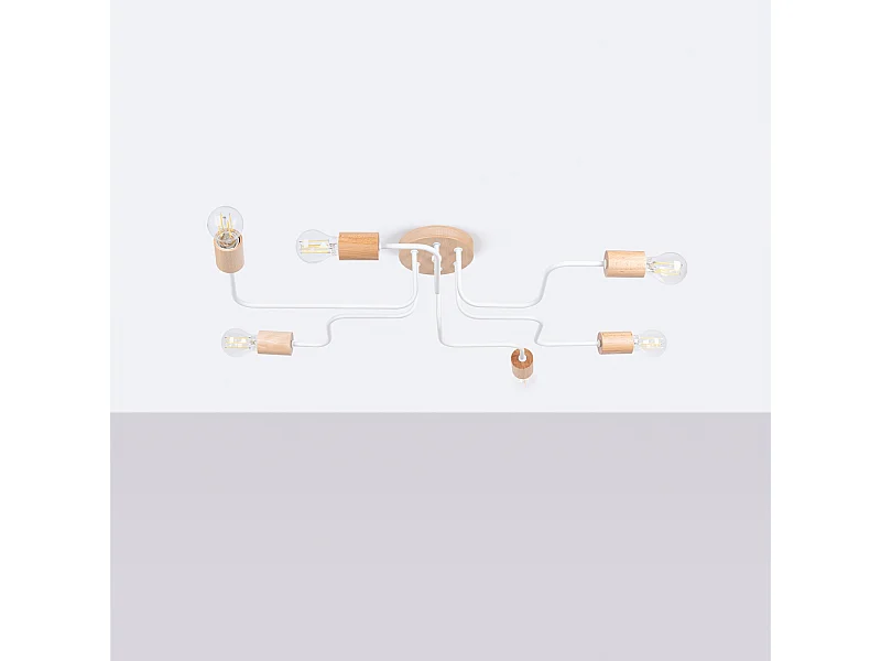 Lustre Zimbo grenier en acier/bois - 6 sources lumineuses 4000K - L.85 x H.16,5 cm - blanc/bois naturel