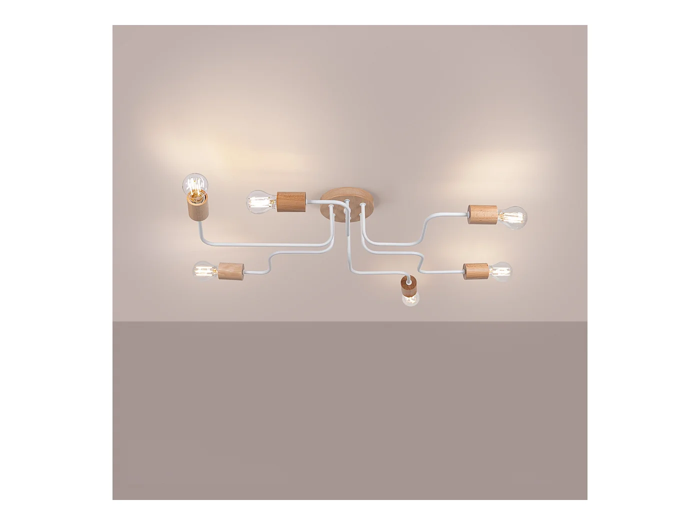Lustre Zimbo grenier en acier/bois - 6 sources lumineuses 4000K - L.85 x H.16,5 cm - blanc/bois naturel