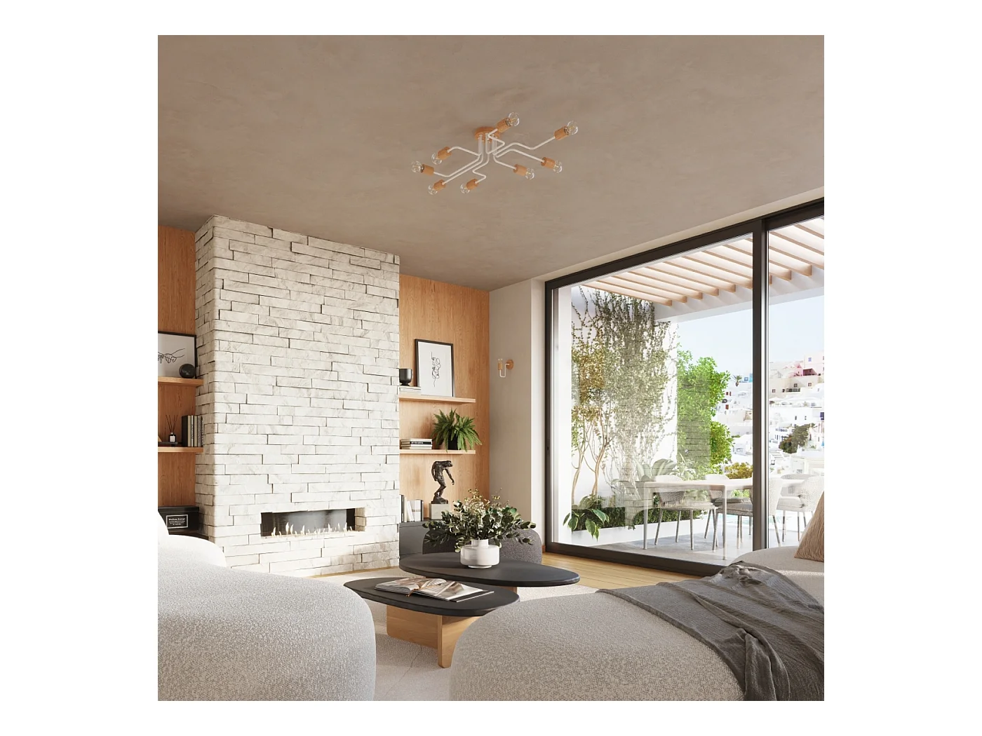 Lustre Zimbo grenier en acier/bois - 6 sources lumineuses 4000K - L.85 x H.16,5 cm - blanc/bois naturel