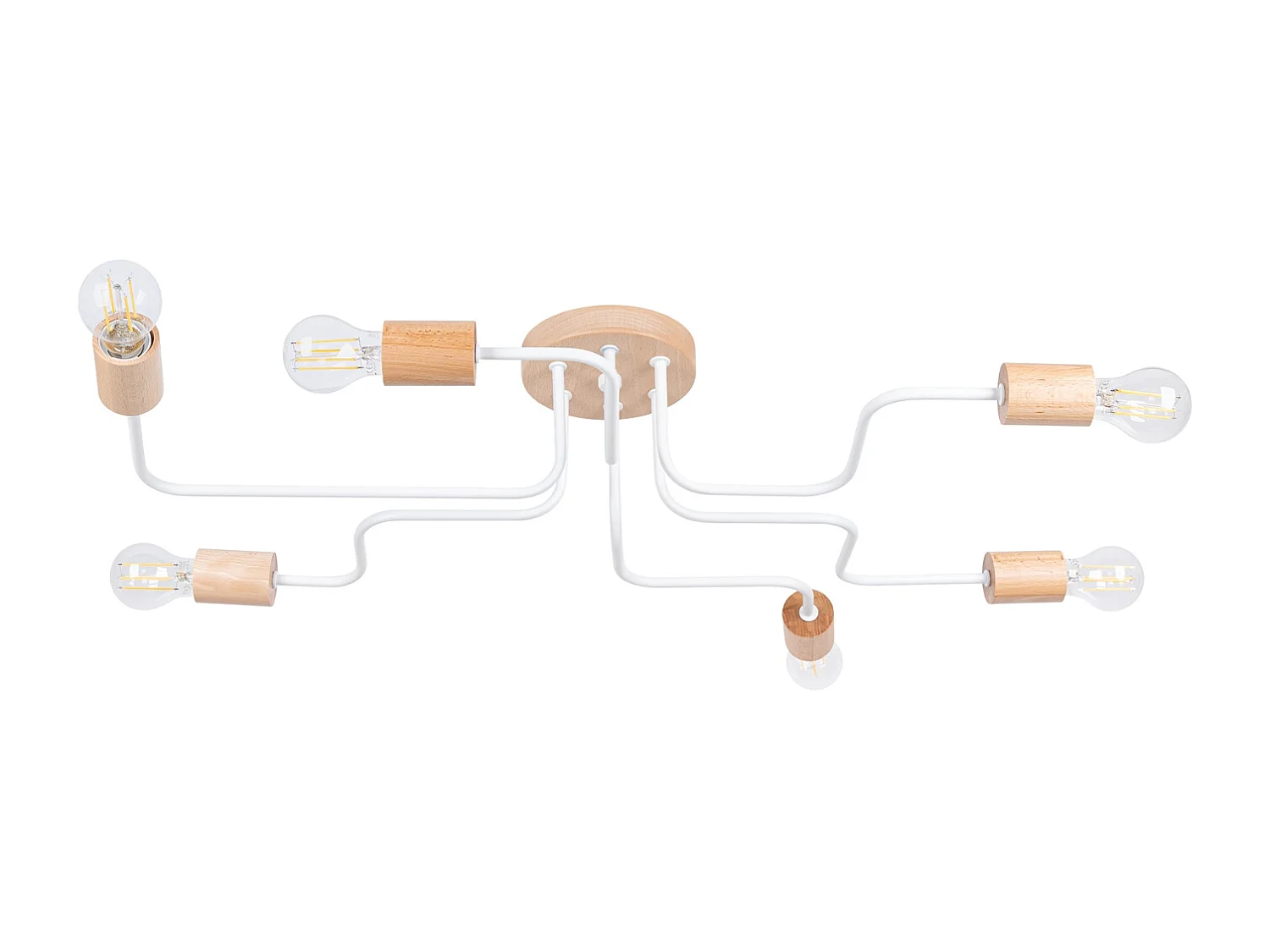 Lustre Zimbo grenier en acier/bois - 6 sources lumineuses 4000K - L.85 x H.16,5 cm - blanc/bois naturel