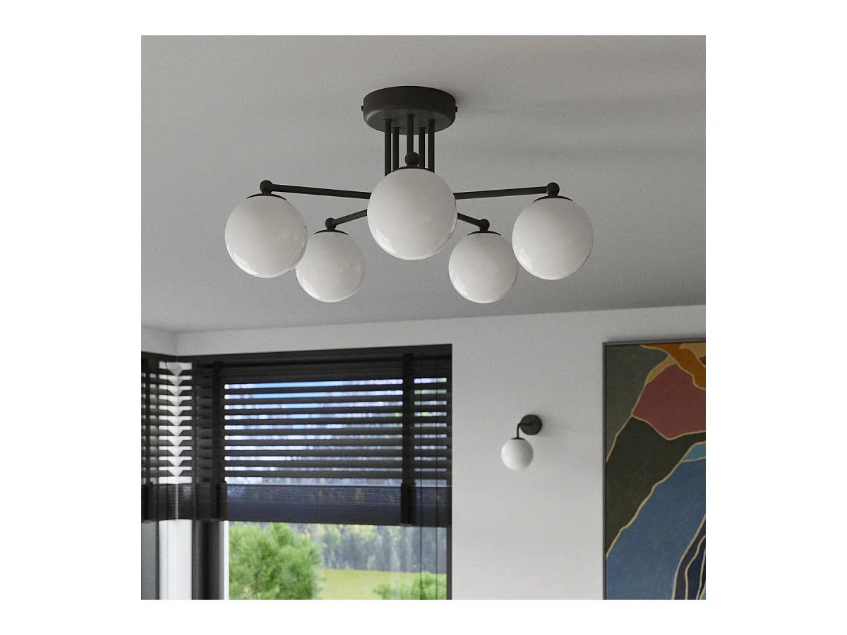 Kronleuchter Bealy minimalistisch aus  Stahl/Glas - 5 lichtquellen 4000K - L.58 x H. cm - schwarz/weiß