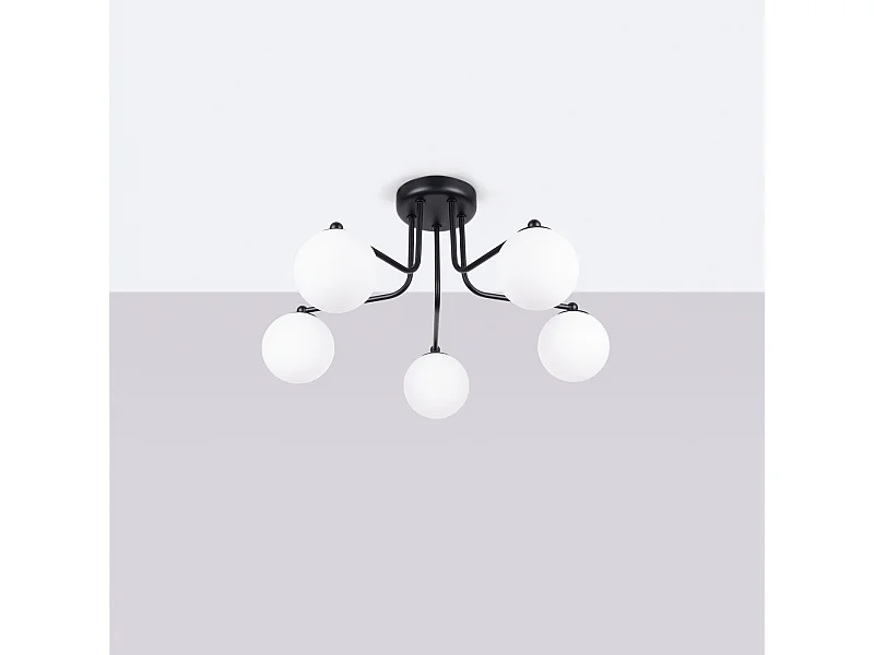 Lustre Bealy minimaliste en acier/verre - 5 sources lumineuses 4000K - L.58 x H.29 cm - noir/blanc