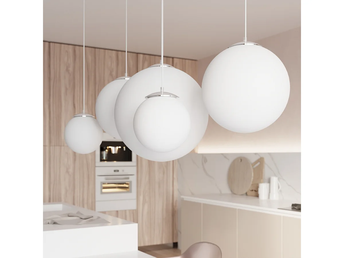 Lampes suspendues Stera minimaliste en acier/verre - 1 sources lumineuses 3000K - L.30 x H.120 cm - blanc/chromé