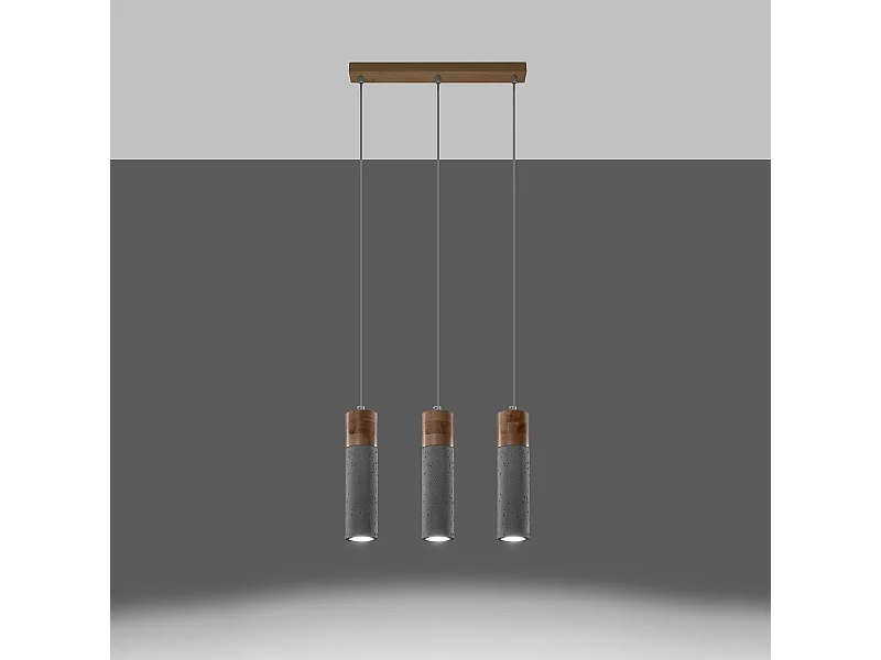 Lampy wiszące industrialny Avier, beton - 3 źródło światła 3000K - L.45 x H.120 cm - szary/naturalne drewno