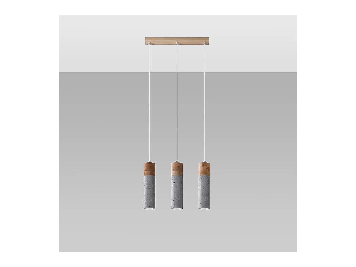 Lampy wiszące industrialny Avier, beton - 3 źródło światła 3000K - L.45 x H.120 cm - szary/naturalne drewno