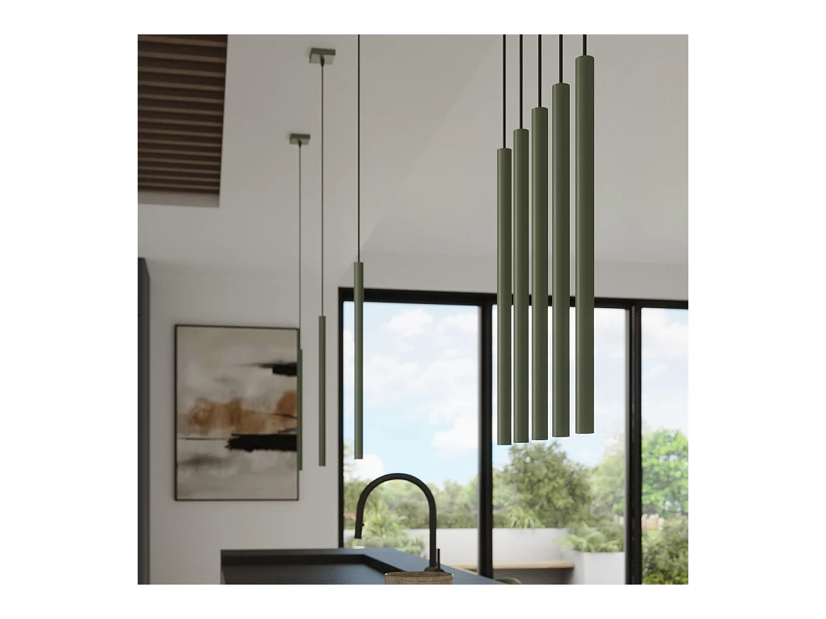 Lampada a sospensione Brill moderno di acciaio - 3 sorgenti luminose 4000K - L.19,5 x A.104 cm - verde oliva