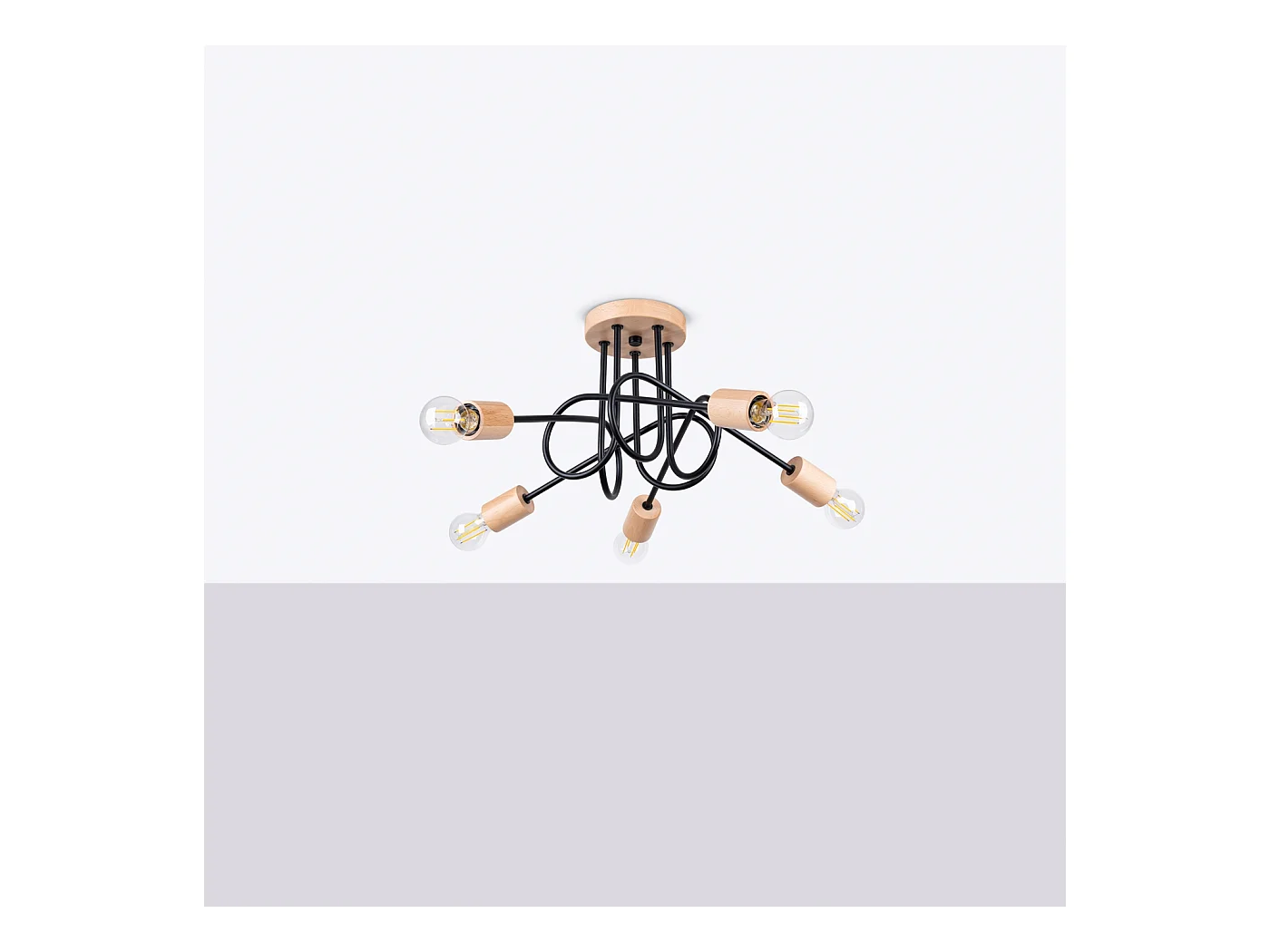 Lustre Sparkon minimalista, aço/madeira - 5 fontes de luz 3000K - L.15 x H.26 cm - madeira preta/natural