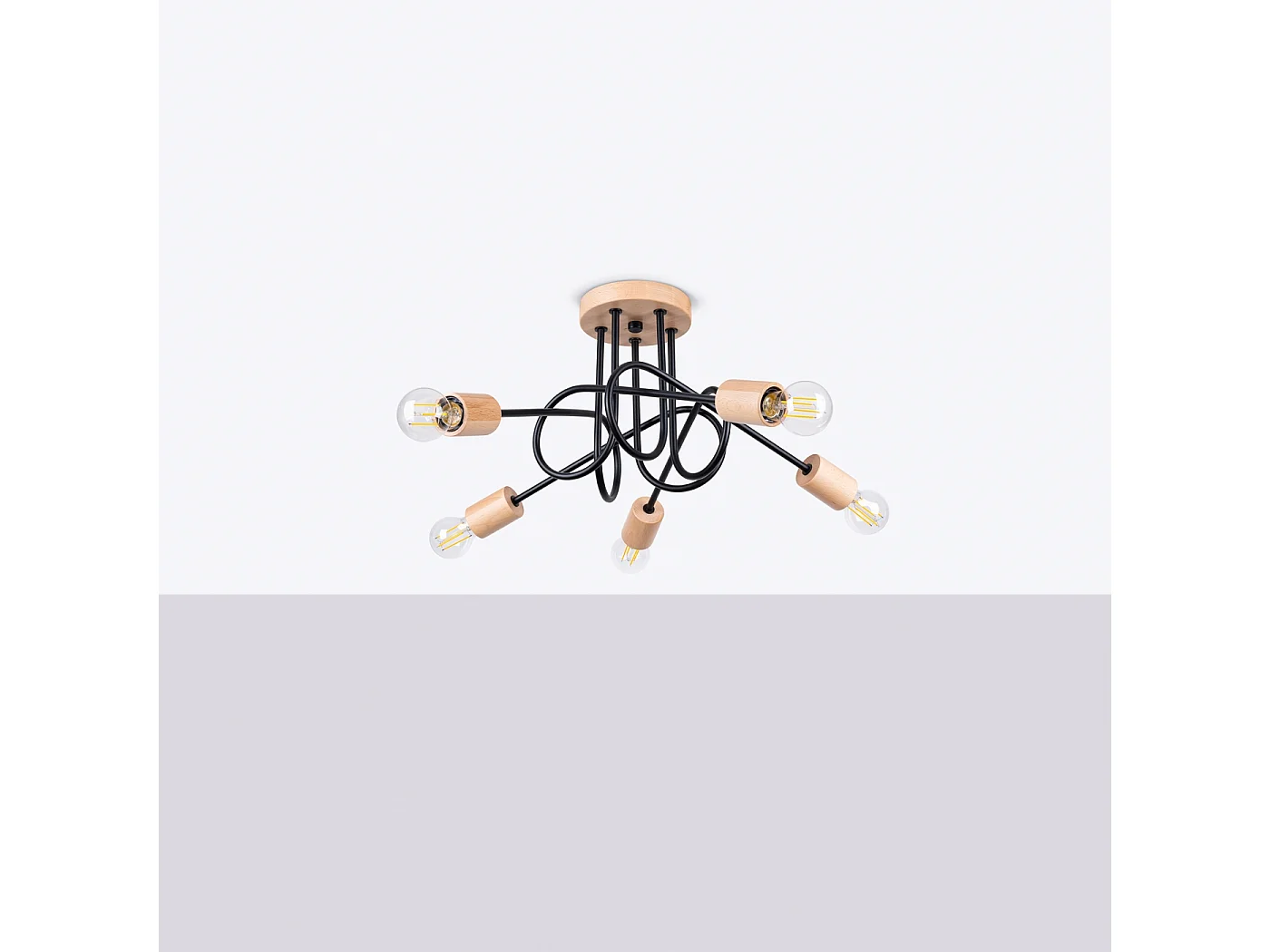 Lustre Sparkon minimaliste en acier/bois - 5 sources lumineuses 3000K - L.15 x H.26 cm - noir/bois naturel