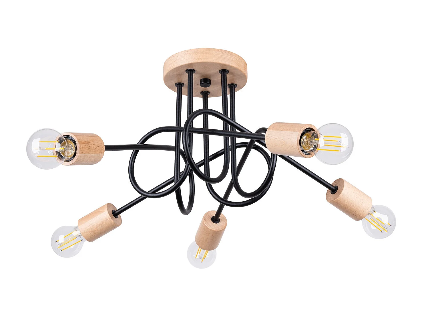 Lustre Sparkon minimaliste en acier/bois - 5 sources lumineuses 3000K - L.15 x H.26 cm - noir/bois naturel