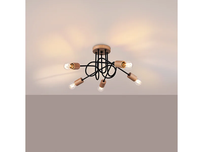 Lustre Sparkon minimaliste en acier/bois - 5 sources lumineuses 3000K - L.15 x H.26 cm - noir/bois naturel