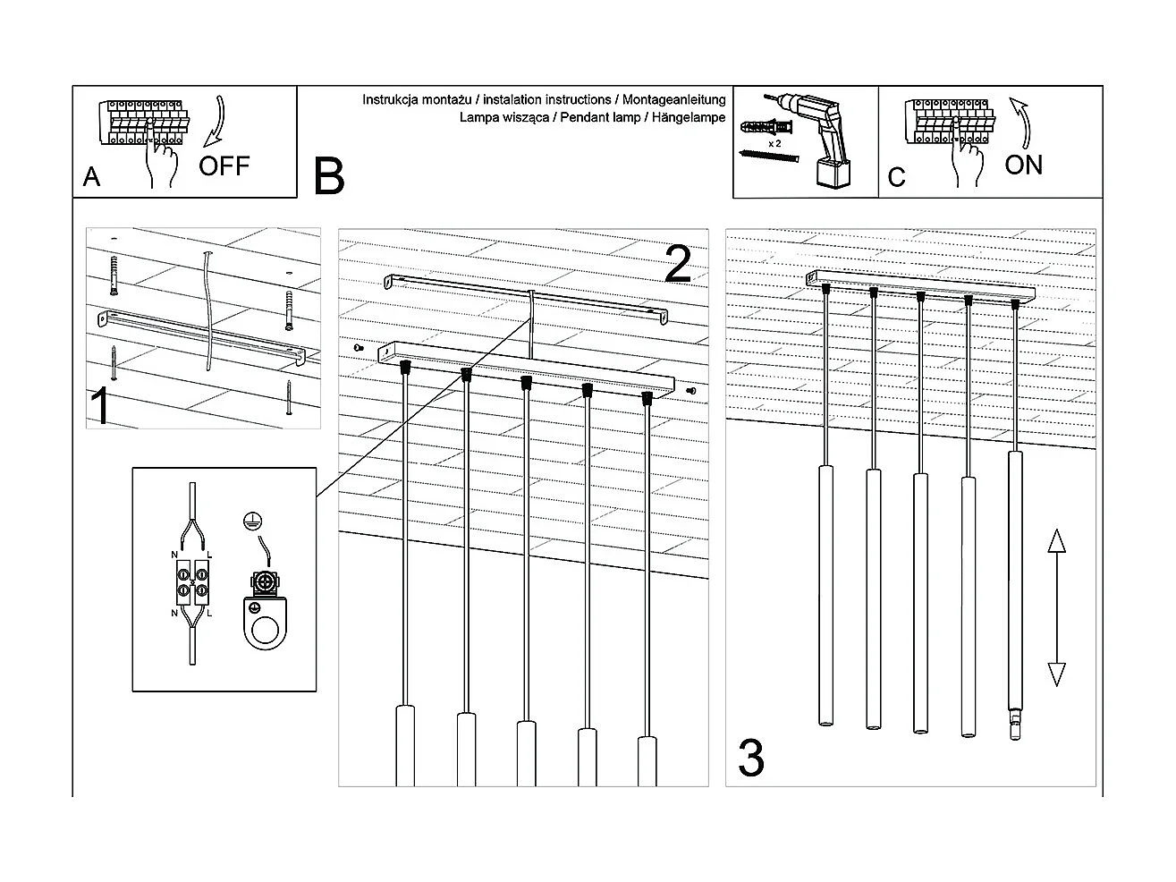 Lampes suspendues Brill moderne en acier/bois - 5 sources lumineuses 4000K - L.45 x H.100 cm - bois