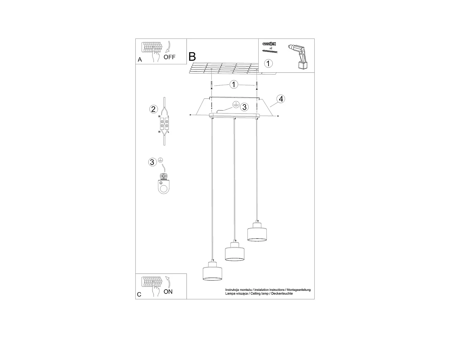 Lampy wiszące nowoczesny Zavros, stal - 3 źródło światła 3000K - L.46 x H.110 cm - czarny