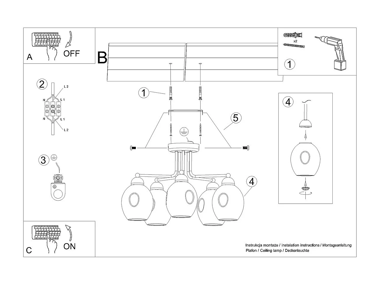 Lustres Allivon moderne en acier - 5 sources lumineuses 3000K - L.59 x H.36 cm - noir