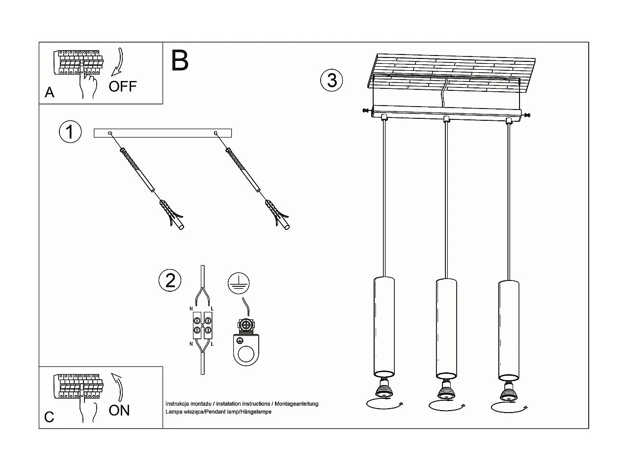 Lampes suspendues Toris moderne en acier - 3 sources lumineuses 3000K - L.45 x H.90 cm - noir