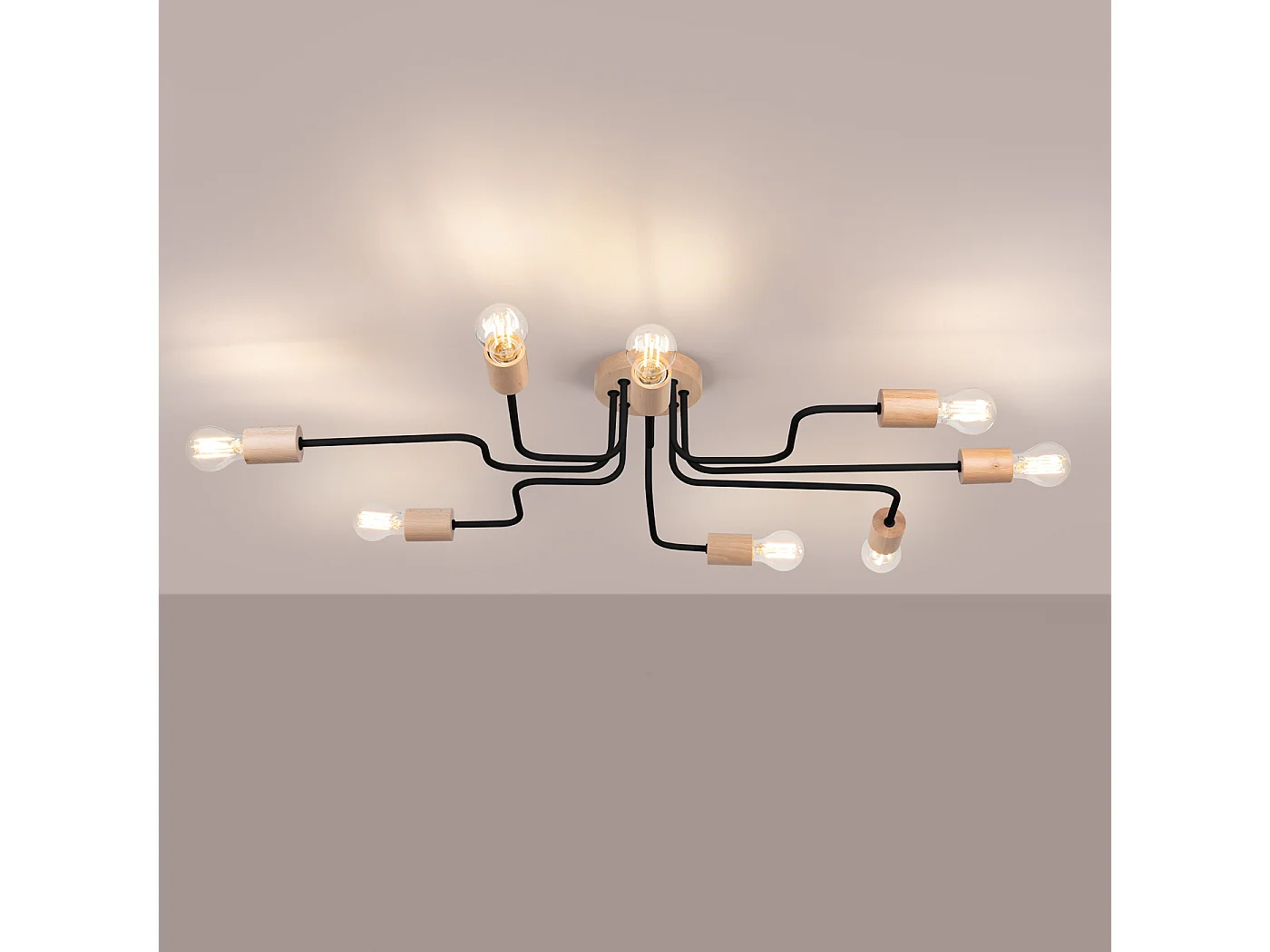 Lustre Zimbo grenier en acier/bois - 8 sources lumineuses 3000K - L.100 x H.16,5 cm - noir/bois naturel