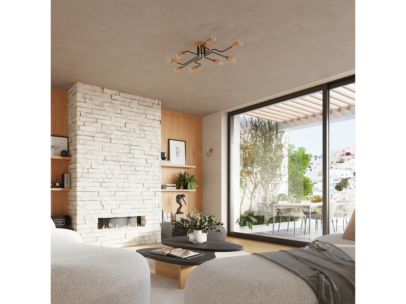 Lustre Zimbo grenier en acier/bois - 8 sources lumineuses 3000K - L.100 x H.16,5 cm - noir/bois naturel